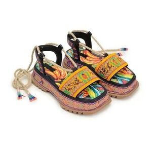 Farm Rio Beaded Platform Sandals Banana Print Rope Wrap Ankle Tie Multi Color 7